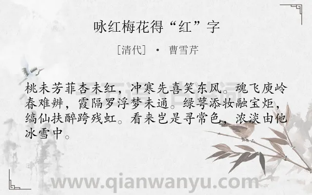 《咏红梅花得“红”字》作者是清代的曹雪芹.本诗词属于花;梅花;寓人类诗词.诗词全文约共64字.