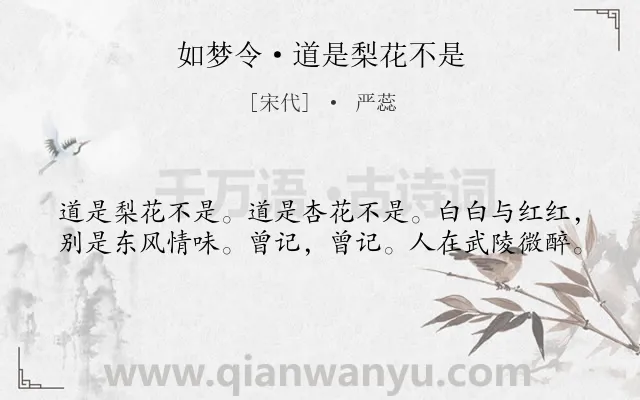 《如梦令·道是梨花不是》作者是宋代的严蕊.本诗词属于花类诗词.诗词全文约共40字.