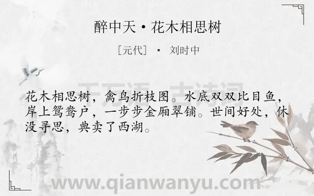 《醉中天·花木相思树》作者是元代的刘时中.本诗词属于西湖;写景;感慨;国家类诗词.诗词全文约共50字.