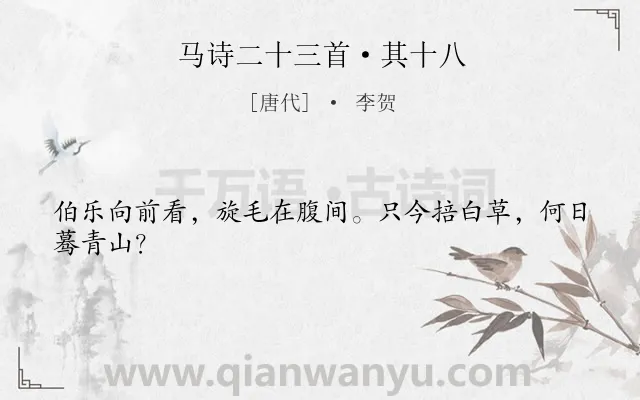 《马诗二十三首·其十八》作者是唐代的李贺.本诗词属于马;愤慨;怀才不遇类诗词.诗词全文约共24字.