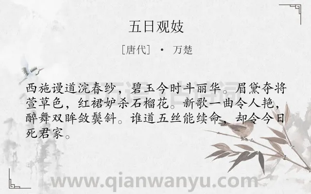 《五日观妓》作者是唐代的万楚.本诗词属于节日;宴会;喜悦类诗词.诗词全文约共64字.