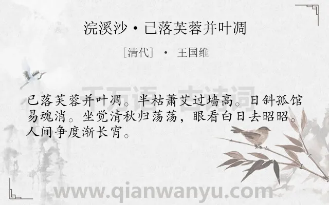 《浣溪沙·已落芙蓉并叶凋》作者是清代的王国维.本诗词属于秋天;伤怀;悲伤类诗词.诗词全文约共48字.