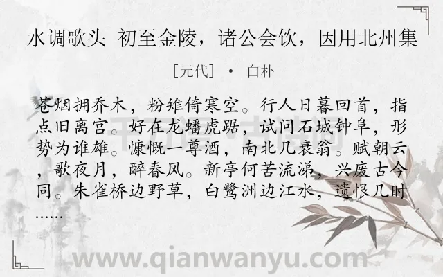 《水调歌头 初至金陵，诸公会饮，因用北州集》作者是元代的白朴.诗词全文约共114字.