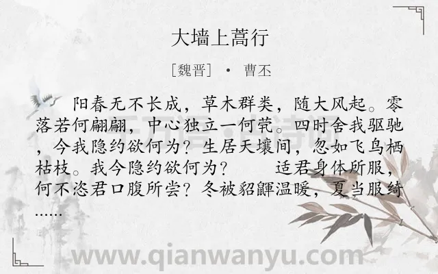 《大墙上蒿行》作者是魏晋的曹丕.本诗词属于隐士;劝诫类诗词.诗词全文约共453字.
