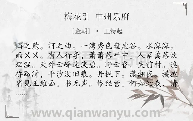 《梅花引 中州乐府》作者是金朝的王特起.诗词全文约共140字.