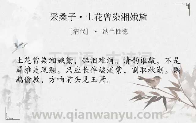 《采桑子·土花曾染湘娥黛》作者是清代的纳兰性德.本诗词属于爱情;相思类诗词.诗词全文约共52字.