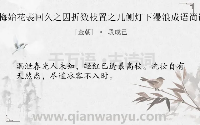 《乘兴杖屦山麓值梅始花裴回久之因折数枝置之几侧灯下漫浪成语简诸友一笑云 其二》作者是金朝的段成己.诗词全文约共32字.