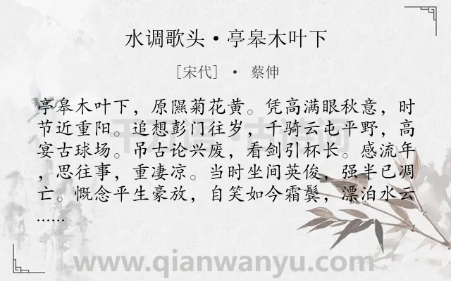 《水调歌头·亭皋木叶下》作者是宋代的蔡伸.本诗词属于抚今思昔;写景;壮志;羁旅类诗词.诗词全文约共114字.