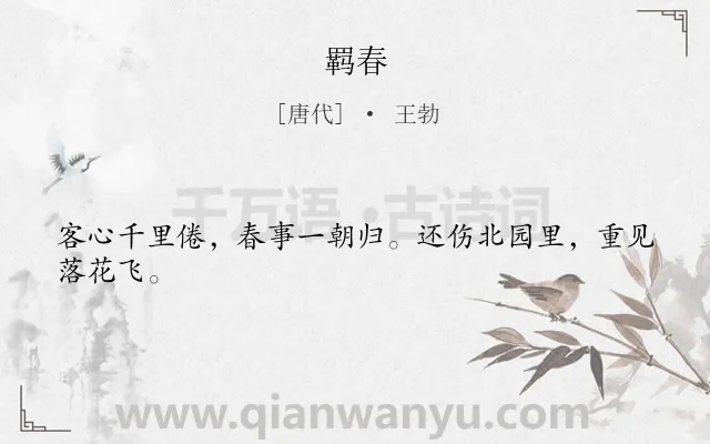 《羁春》作者是唐代的王勃.本诗词属于春天;写景;抒情;伤怀类诗词.诗词全文约共24字.