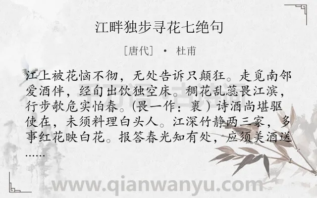 《江畔独步寻花七绝句》作者是唐代的杜甫.本诗词属于春天;花;写景;喜悦类诗词.诗词全文约共231字.