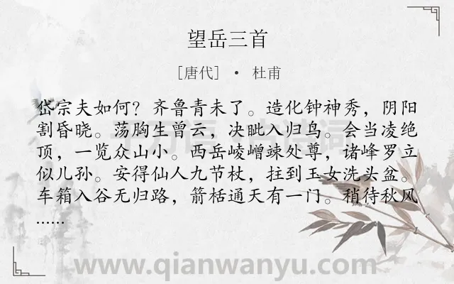 《望岳三首》作者是唐代的杜甫.本诗词属于山;抒怀;壮志;失意;组诗类诗词.诗词全文约共280字.