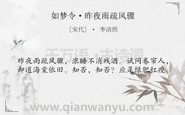 《如梦令·昨夜雨疏风骤》作者是宋代的李清照.本诗词属于宋词三百首;宋词精选;惜花;伤春类诗词.诗词全文约共40字.