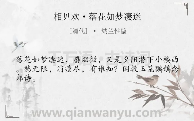 《相见欢·落花如梦凄迷》作者是清代的纳兰性德.本诗词属于婉约;女子;伤春;怀远类诗词.诗词全文约共43字.