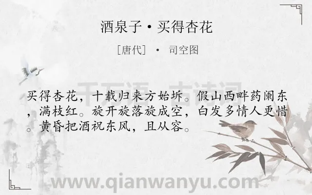 《酒泉子·买得杏花》作者是唐代的司空图.本诗词属于婉约;叙事;花;抒情;惜时类诗词.诗词全文约共53字.