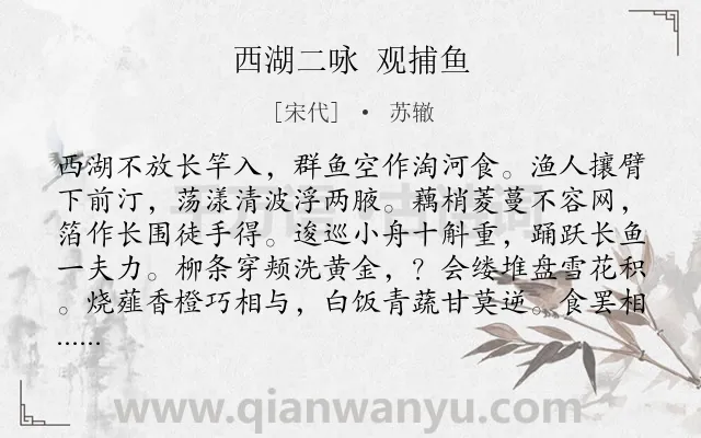 《西湖二咏 观捕鱼》作者是宋代的苏辙.诗词全文约共129字.