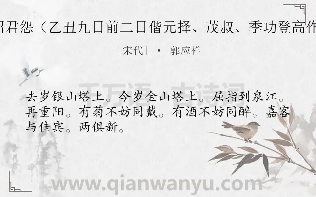 《昭君怨（乙丑九日前二日偕元择、茂叔、季功登高作）》作者是宋代的郭应祥.诗词全文约共48字.