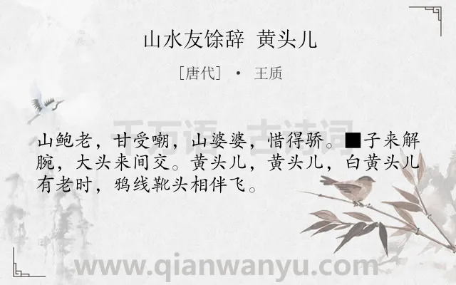 《山水友馀辞 黄头儿》作者是唐代的王质.诗词全文约共52字.