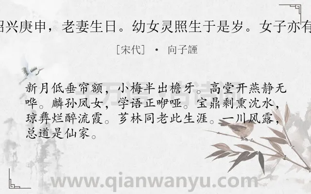 《临江仙（绍兴庚申，老妻生日。幼女灵照生于是岁。女子亦有弄璋之喜）》作者是宋代的向子諲.诗词全文约共66字.