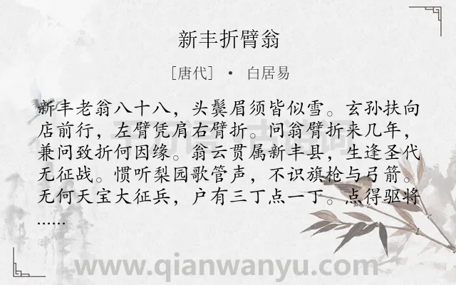 《新丰折臂翁》作者是唐代的白居易.本诗词属于叙事;写人;忧国忧民;愤懑类诗词.诗词全文约共382字.