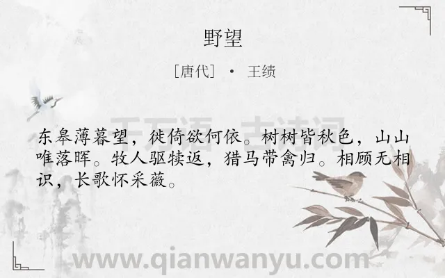 《野望》作者是唐代的王绩.本诗词属于八年级;初中古诗;秋天;写景;抒情类诗词.诗词全文约共48字.