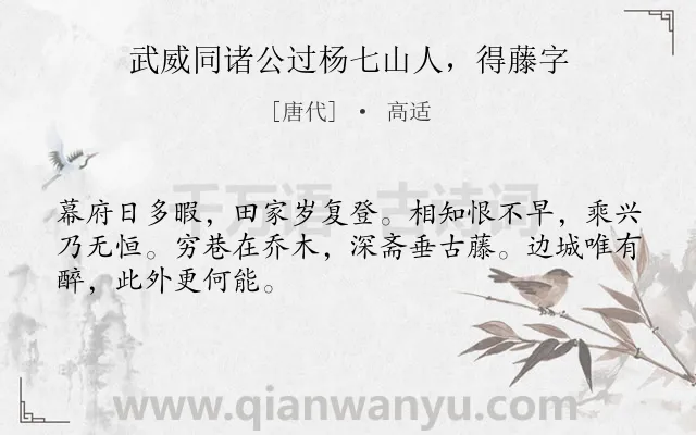 《武威同诸公过杨七山人，得藤字》作者是唐代的高适.诗词全文约共48字.