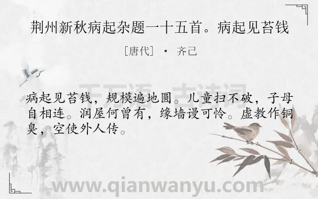 《荆州新秋病起杂题一十五首。病起见苔钱》作者是唐代的齐己.诗词全文约共48字.