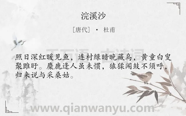 《浣溪沙》作者是唐代的杜甫.本诗词属于九年级;八年级类诗词.诗词全文约共48字.