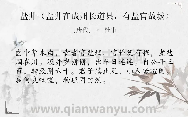《盐井（盐井在成州长道县，有盐官故城）》作者是唐代的杜甫.诗词全文约共72字.