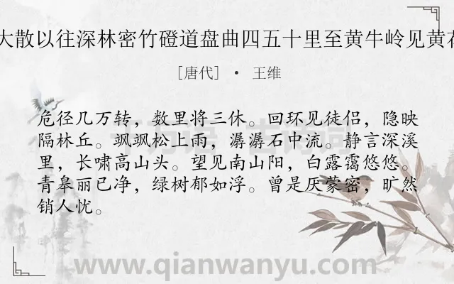 《自大散以往深林密竹磴道盘曲四五十里至黄牛岭见黄花川》作者是唐代的王维.本诗词属于写景;抒情类诗词.诗词全文约共84字.