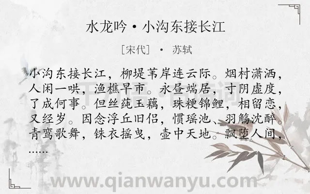 《水龙吟·小沟东接长江》作者是宋代的苏轼.本诗词属于写景;抒情;伤感类诗词.诗词全文约共126字.