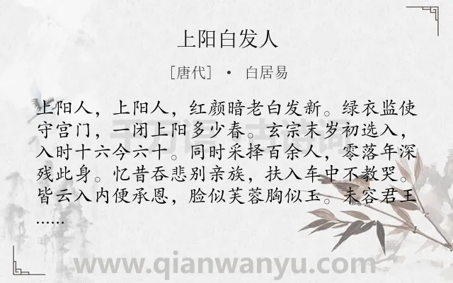 《上阳白发人》作者是唐代的白居易.本诗词属于乐府;宫怨类诗词.诗词全文约共315字.