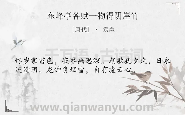 《东峰亭各赋一物得阴崖竹》作者是唐代的袁邕.诗词全文约共36字.