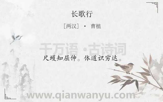 《长歌行》作者是两汉的曹植.本诗词属于高二;高一;七年级;六年级;五年级;四年级;一年级类诗词.诗词全文约共12字.